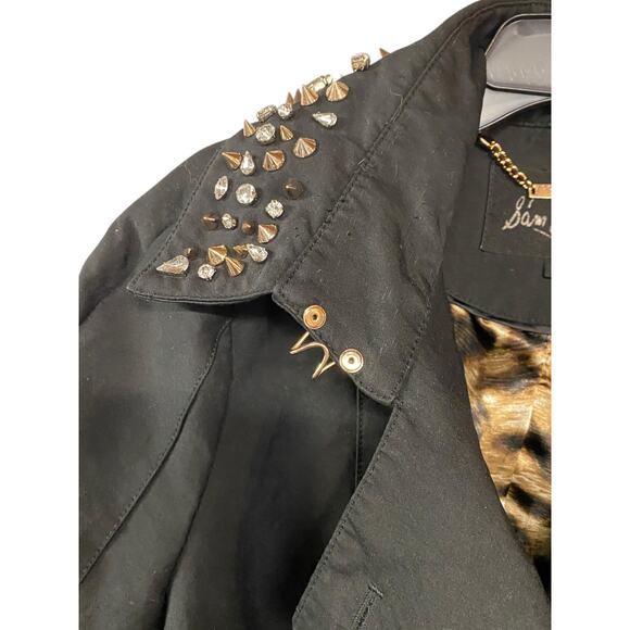 Sam Edelman Size M Double Breasted Trench Coat Black Embellished Studded Edgy - Picture 4 of 9